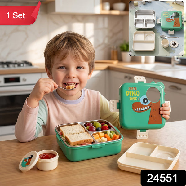 Steel Kids Dinosaur Lunch Box Bento Tiffin Set with Tray, Spoon & Sauce Cup